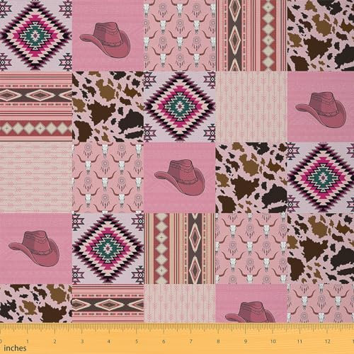 Rosa Western Stoff durch den Hof,Südwest Cowgirls Hüte DIY Kunst Stoff,Aquarell Tribal Geometrie Outdoor Stoff,Bauernhaus Kuhfell Print Stoff,92x150