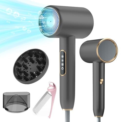 Bizcasa Asciugacapelli Ionico 2400W,Professionali Salone Phon con display LCD, 3 Impostazioni di Temperatura, 2 Velocità,Hair Dryer con Diffusore e ugello per lo Styling e pettine pieghevole (grigio)