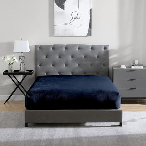 Cathay Home King Flannel-Plush Fur Fitted Sheet - Ultra Soft & Thick Plush Fur - All Season Cozy Warmth - 12 Deep Pocket Fitted Sheet Only (King, Navy)