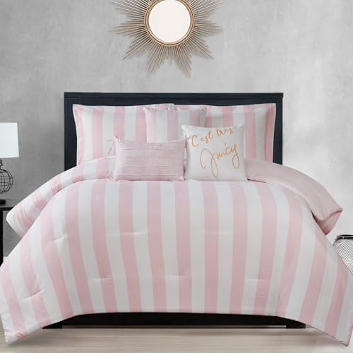 Juicy Couture Cabana Stripe Reversible Bedding Set - Queen/Full Size - Dogwood Pink/White Stripe Print – 6 Piece Set – Includes 1 90 x 90 Comforter, 3 Decorative Pillows, 2 Shams