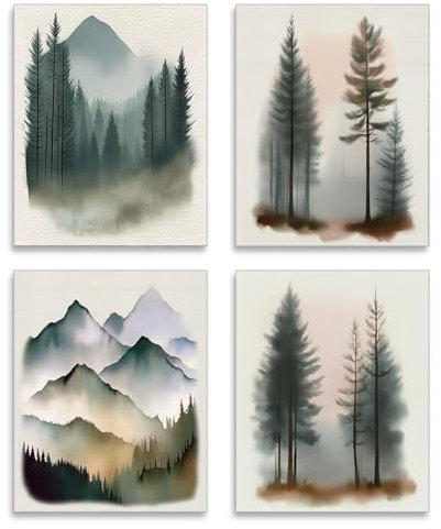 SUPERDANT 4PCS Aquarell Wald Wandkunstdrucke Berge Und Wald Papierdruck Poster Brettkunst Weißer Karton Malerei Aquarell Wanddekoration Zuhause Wohnzimmer Schlafzimmer Wandkunstdekor