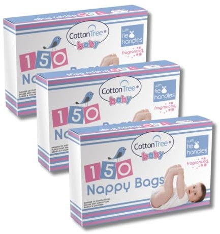 Cotton Tree Nappy Bags Scented 150pk x 3 | Total of 450 Biodegradable Nappy Bags | Fragranced Nappy Sacks Bundle by Great British Home
