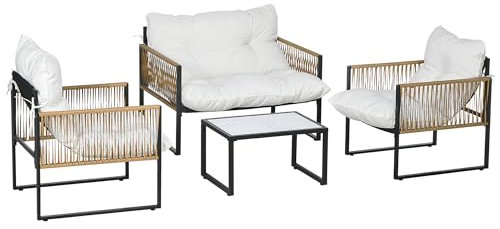 Outsunny Salon de Jardin extérieur 4 pièces mobilier de Jardin canapé 2 Places 2 fauteuils et 1 Table Basse Plateau Verre trempé 3 Coussins Acier et résine tressée - crème