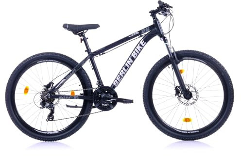 BERLIN BIKE Mountainbike MTB1 – mit komplettem Shimano Set - 21 Gang Shimano FD-TZ500/RD-TY300D, Dacron Hydraulische Scheibenbremsen (Schwarz-Silber, 26 Zoll und 38 cm Rahmenhöhe)