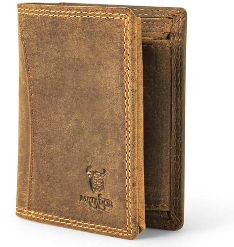 MATADOR Kleines RFID Blocker Portemonnaie Herren Klein Leder, Kleine Geldbörse Männer Slim Wallet mit Münzfach, Portmonee Brieftasche Klein mit Geschenk-Box für Frauen & Männer in Hunter Braun