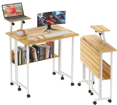 Lvhecforhm Klapptisch, Eiche, Bürotisch, klappbar, mit Ablagefach und Rollen, kleiner Computertisch, zusammenklappbar, tragbar, für Arbeitszimmer, Zuhause, Büro, 58 x 80 x 75 cm