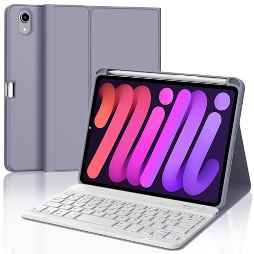 Occtingkind Funda con Teclado para iPad Mini 7 8.3 2024, Teclado Español Ñ Desmontable Bluetooth y Funda de Diseño Minimalista 360° Delgada y Moderna, Compatible con iPad Mini 6 2021, Morado Lavanda