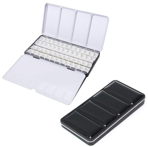 Aquarellkasten Leer, Palette Farbkastenmit 52 Halbe Näpfchen, Farbkasten mit Mischpalette und Daumenring, für DIY Kunst, Aquarellfarbe, Wassermalkasten und kreative Malerei, Schwarz