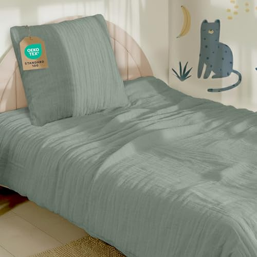 Dreamzie - Baby & Kinder Bettwäsche Set 135x200 cm + Kissenbezug 80x80 cm | Musselin 100% Baumwolle · Oeko-TEX Zertifiziert · atmungsaktiv & hautfreundlich · Blaugrau