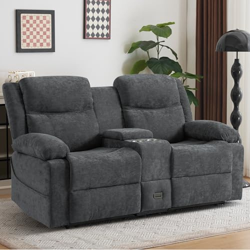 PALLOME Zweisitziges Relaxsofa mit manueller Liegefunktion, Stoffbezug, Mittelkonsole mit Becherhaltern & Seitentasche – Doppel-Liegesofa ideal für Wohnzimmer, Büro oder Wohnung (Grau)