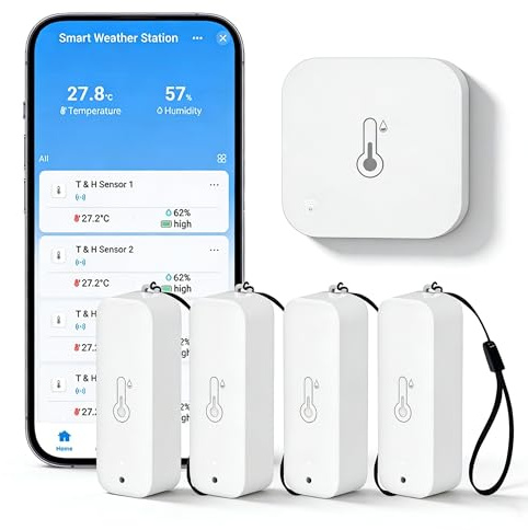 Thermomètre hygromètre WiFi intérieur extérieur : capteur intelligent de température et d'humidité avec notification d'application et stockage de données, portée de 150 m, compatible avec Alexa, 4