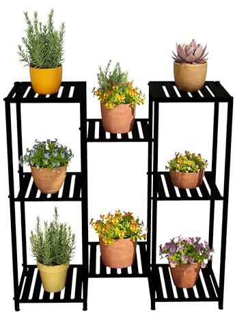 Relaxdays Blumenregal aus Metall, 8 Ablagen für Blumen- & Pflanzentöpfe, Pflanzentreppe, HBT: 81 x 80 x 28,5 cm, schwarz