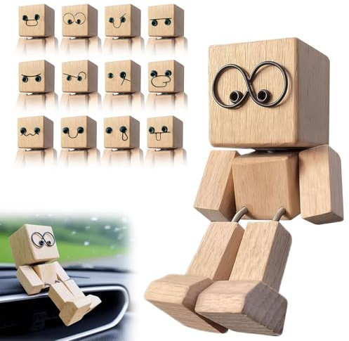 Resiprolty Wackelfigur Auto, Wackelnder Holzmann Figur, SchüTtelmann Aus Holz, WackelmäNnchen Holz Mit 12 Magnetischen GesichtsausdrüCken, Wackelnde Holzfigur, Für Armaturenbrett Dekoration