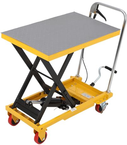 Hydraulic Lift Table Cart, 500Lbs Capacity 28.5 Lifting Height, 45kg Net Weight Manual Single Scissor Lift Table with Locking Wheels and Non-Slip Pad, Hydraulic Scissor Cart for Material Handling