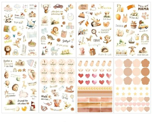 8 Blätter Sticker Babyalbum, 211 Motiv Baby Scrapbook Stickers, Babyalbum Aufkleber für DIY Fotoalben, Sammelalben, Geschenke, Junge Mädchen Meilenstein Sticker (B)