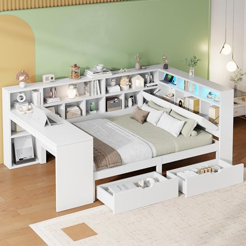 Kebnor L-förmiges Holz-Plattformbett mit Schreibtisch und Bücherregal, Eck-Kapitänsbett mit gepolstertem Kopfteil, Schubladen unter dem Bett, LED-Licht - Weiß (140x200cm)