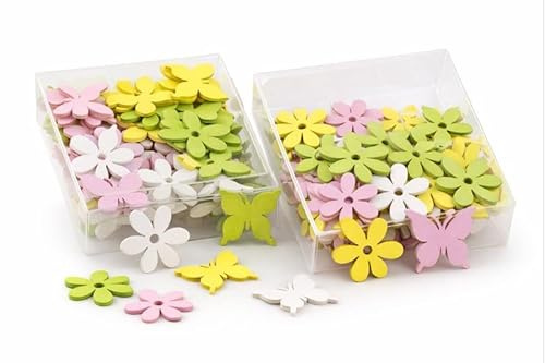 Logbuch-Verlag Streudeko Blumen Holz Frühling Sortiert 144 Stück – Streuteile in Rosa, Gelb, Grün aus Holz Ø4 cm – Frühlingshafte Tischdeko und Bastelmaterial