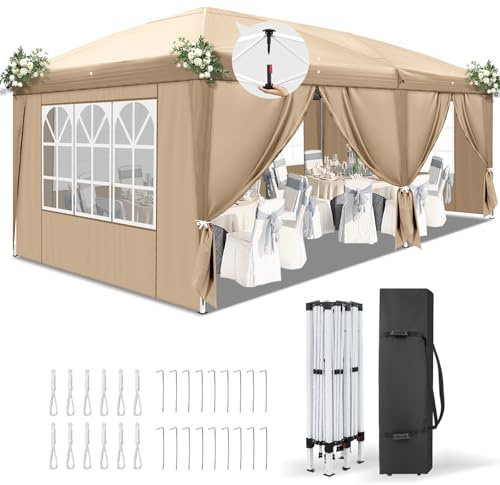 LEADZM Pavillon 3x6 m,Pop-Up Faltpavillon One-Touch,Khaki | Metallrahmen,Wasserdicht UV-Schutz 50+ Stabil, Höhenverstellbar,Gartenzelt Partyzelt mit 6 Seitenteilen für Camping,Party