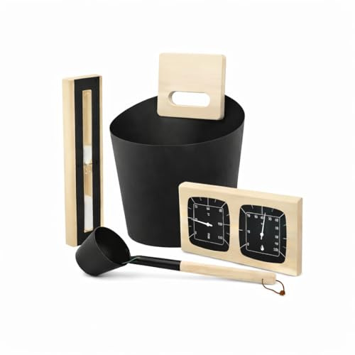 Easy Act 4-teiliges Saunaset, Saunazubehör Set mit 6L Aufgusskübel & Kelle aus Aluminium und Holz, Thermo-Hygrometer & 15 Minuten Sanduhr