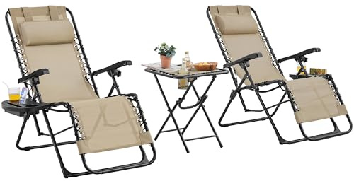 Abician Lot de 2 Chaise Longue Pliable et inclinable, avec Table Pliable | avec Support de Gobelet, Fauteuil Relax Jardin de gravité zéro transat Bain de Soleil, avec Rembourrage de Tête, Beige