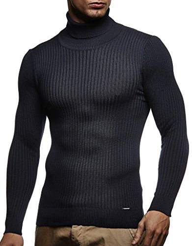 Leif Nelson Pull Homme avec col roulé Chemise à Manches Longues Pull en Maille Fine LN1670 Bleu Taille XXL