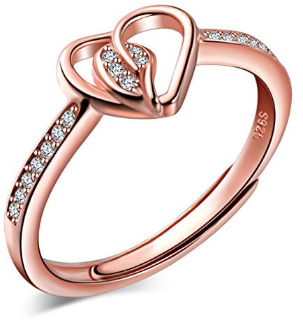 Yumilok Roségold 925 Sterling Silber Zirkonia Herzen Liebe Offener Ring Trauringe Verlobungsring für Damen Mädchen, Größe 49-57 Verstellbar