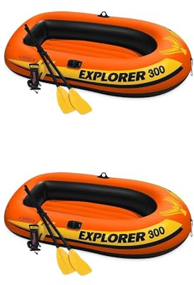 Intex Explorer 300 Compact Fishing 3 Person Raft Boat w/Pump & Oars (2 Pack)