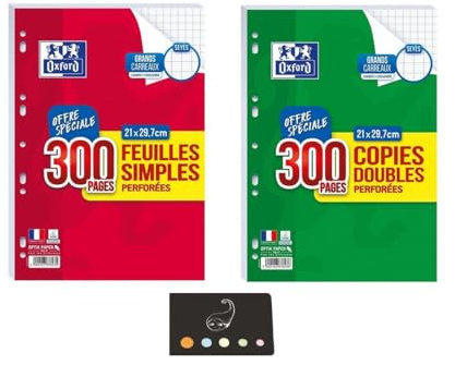 Lot de 300 feuilles simples + 300 copies doubles grand carreaux seyès perforées A4 + 1 Index Adhésif Blumie