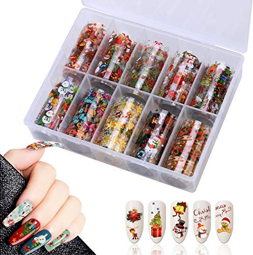 10 Rollen Holographic Nail Art Foil Sticker Decals,MWOOT Christmas Nagel Transfer Aufkleber Sternenhimmel Nail Wraps Transferfolie Aufkleber Kit(1,57Zoll x 39,37Zoll/ 4cm x 100cm)