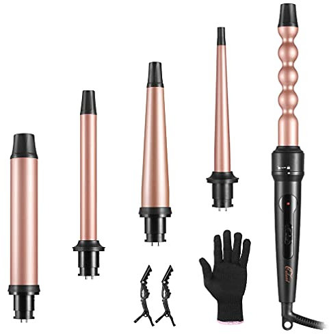 Culwad Lockenstäbe Große und Kleine Locken Set, 5 in 1 Lockenstab mit Verschiedenen Aufsätzen Keramik Turmalin Beschichtung Welleneisen für Beach Waves