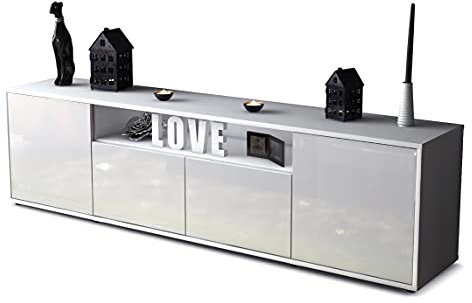 Stil.Zeit TV Schrank Lowboard, Akela, Korpus Weiss matt, Front Hochglanz Design Weiß, (180x49x35cm), Push to Open Technik & Leichtlaufschienen
