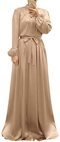 Odizli Gebetskleidung für Frauen Islam Muslimische Kleider Damen Langarm Satin Maxikleid Türkische Namaz Elbisesi Jilbab Khimar Abaya Burka Ganzkörper Kaftan Ramadan Lang Gebetskleid Champagner L