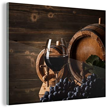 MuchoWow Glasbild Glasfoto Wandbild Bilder Deko 80x60 cm Wein - Weinglas - Weintrauben - Glas