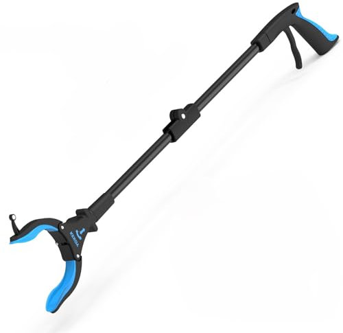 Kekoy Pinza pieghevole da 80 cm con luce, pinza per anziani, con testa girevole a 90°, in pino antiscivolo, manico durevole con gancio magnetico per pinza della spazzatura, colore blu