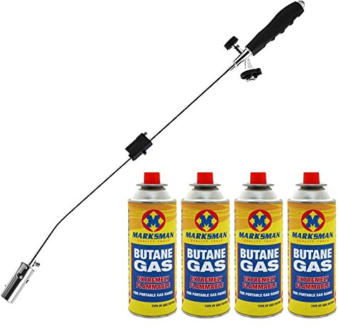 RTS Weed Burner Wand Gun Moss Fungus Killer - Butane Gas Blowtorch Adjustable Flame - Garden Outdoor De-Icing Pavements - Lightweight Multipurpose Compatible Weed Gun (Weed Wand + 4 Gas Canister)