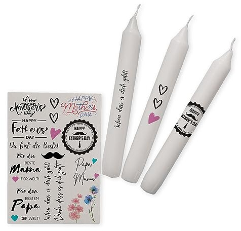 Kerzen Sticker Muttertag-Vatertag | Kerzenfolie | Kerzentattoo | Bastelset für Kerzen | Weihnachtsgeschenk | Kalender | Geschenk | Basteln | Sprüche (DIN A4, 10 Stumpenkerzen)