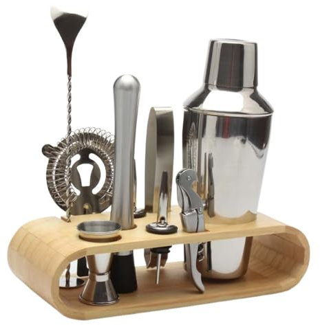 Coctelera Profesional Coctelera de Acero Inoxidable, Juego de coctelera Japonesa, Juego de coctelera de té y limón, Juego de 10 Piezas con Estante de Almacenamiento de Madera Kit Coctelería