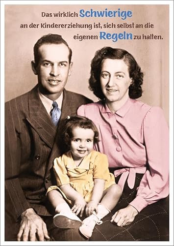 Lustige Vintage Postkarte mit Familie und Spruch – Humorvolle Erziehungstipps, Retro Design, Geschenkidee für Eltern, Witzige Karte mit Lebensweisheit, Das wirklich Schwierige an der Kindererzie