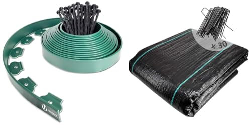 VOUNOT Bordure de Jardin en Plastique 10 mètres avec 30 Piquets d'ancrage Bordurette de Pelouse & Toile de Paillage avec 30pcs de Piquets Contre Les Mauvais Herbes 10Mx2M
