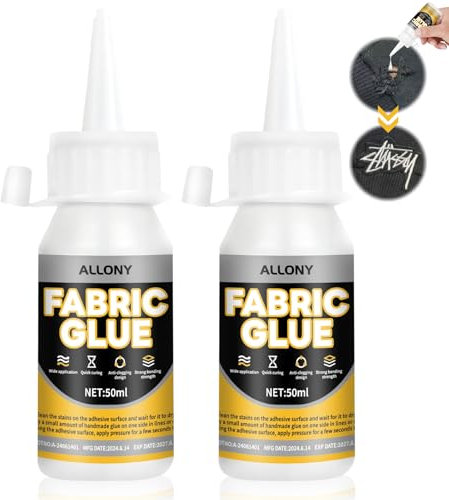 Allony Colla per Tessuto, colla Trasparente per Tessuti Resistente ai Lavaggi, Super Adesivo Colla Tessuti, Non è Necessario Cucire, Adatto per Tessuti, Pelle, Flanella, ecc-50ml*2