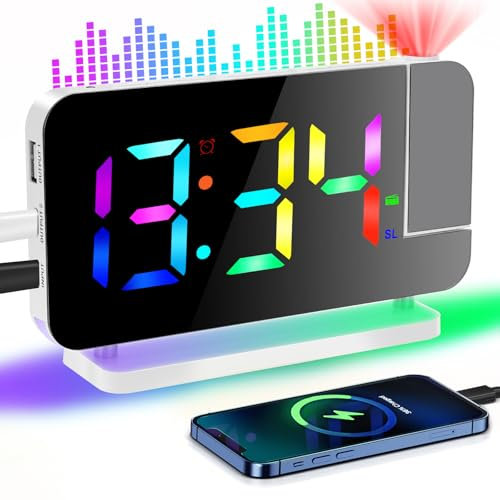 LYtech 7 Projection Alarm Clock Radio Alarm Clock Beside with Night Light RGB Projector Digital Alarm Clocks Large Display, Brightness & Volume Adjustment USB Charger 12/24H Snooze for Home (White)