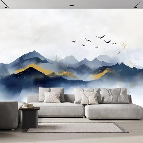 Papel Pintado Pared Montañas De Un Azul Profundo 3D Fotomurales， Pájaro Paisaje Abstracto Salón Dormitorio Despacho Pasillo Decoración murales decoración de paredes 450×315 cm