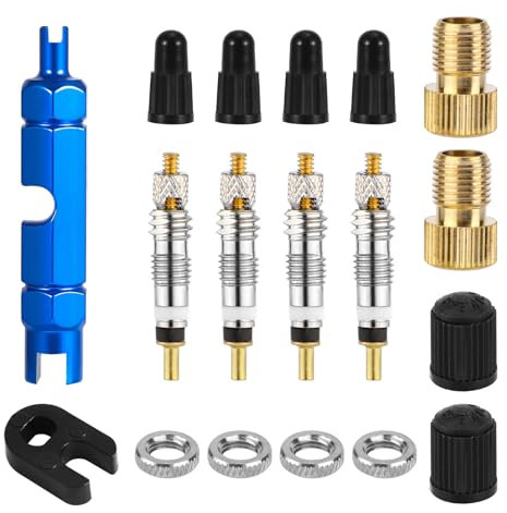 Valve Core Repair Kit for Presta, 4 Valve Cores 4 Valve Caps 4 Nuts 2 Plastic Caps 2 Converters and 2 Plastic & Alloy Tubeless Valve Adapter Stem Dismantle Tool for Bike Pump Tire Application