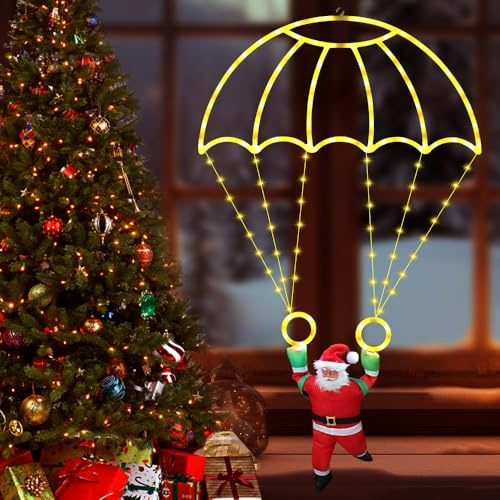 Pengrity Weihnachtsdeko Aussen Beleuchtet, LED Weihnachts Deko Innen, Fallschirm Lichterkette Weihnachtsmann mit Fernbedienung 8 Modi, Timer, Weinachtsdekorationen für Innen Außen Fenster Deko