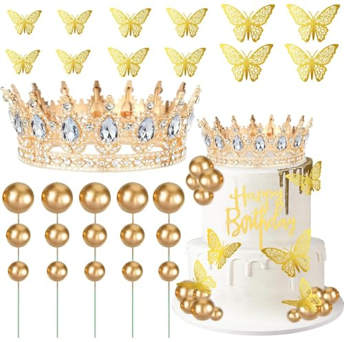 Prospura 29 Stück Tortendeko Krone zum Geburtstag,Goldene Cake Topper Geburtstag,Happy Birthday Tortendeko für Damen Geburtstag Prinzessin Thema Party