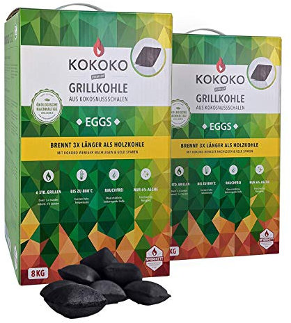 Set: 2 x 8 kg KOKOKO EGGS Premium Grillkohle, 16 kg Bio Kokos Grillbriketts