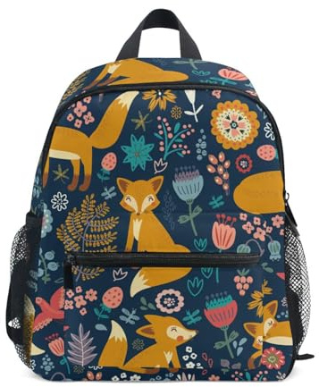 ISAOA Kinder Rucksack Jungen Mädchen Kleine Lustige Dinosaurier Schultasche für Kinder 2-6 Jahre, Zoo Fuchs, Blumenmuster, Dunkelblau, M, Niedlich