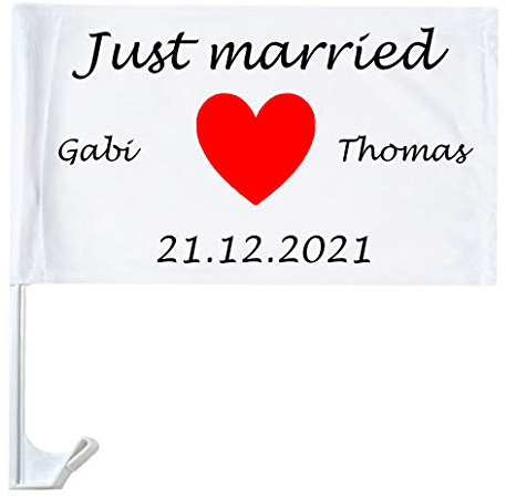 Autofahne Hochzeit mit Namen personalisiert Autoflagge Wunschname Heirat Just Married 2