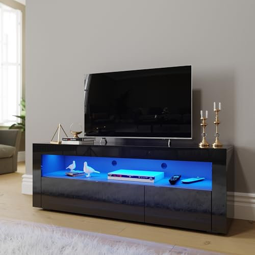 ELEGANT 1200mm Modern High gloss TV Stand Cabinet with Ambient Light for 22-47 Flat Screen 4k TVs/LED Light TV Cabinet with Shelves and Drawers for Living Room Bedroom, Black