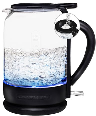 OVENTE Electric Kettle with 1.5L Borosilicate Glass, 1500W Fast Boiling Water Heater for Coffee or Tea, Easy to Fill Lid, Auto Shut-Off, Boil-Dry Protection & Stainless Steel Filter, Black KG516B